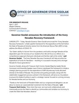 Governor Sisolak Announcesthe Introductionof the Every Nevadan