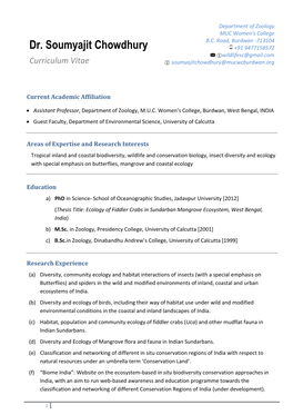 Curriculum Vitae ② Soumyajitchowdhury@Mucwcburdwan.Org