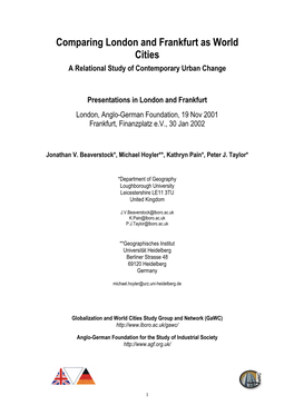 Comparing London and Frankfurt As World Cities a Relational Study of Contemporary Urban Change