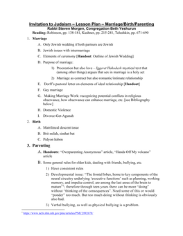 Invitation to Judaism – Lesson Plan – Marriage/Birth/Parenting Rabbi Steven Morgen, Congregation Beth Yeshurun Reading: Robinson, Pp