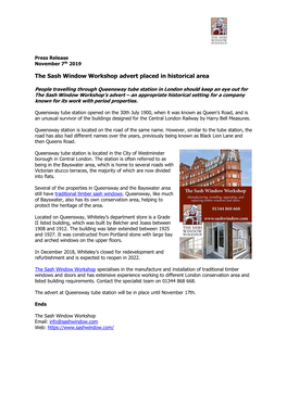 The Sash Window Workshop Advert Placed in Historical Area