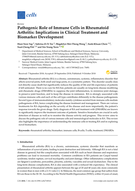 Pathogenic Role of Immune Cells in Rheumatoid Arthritis: Implications in Clinical Treatment and Biomarker Development