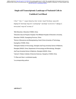 Single-Cell Transcriptomic Landscape of Nucleated Cells in Umbilical Cord Blood