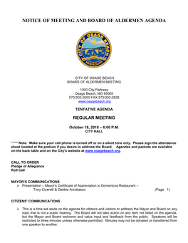 Notice of Meeting and Board of Aldermen Agenda