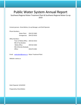 Public Water System Annual Report Southwest Regional Water Treatment Plant & Southwest Regional Water Co-Op 2019