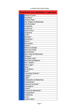 MUNICÍPIOS QUE ADERIRAM À CAMPANHA 1 Afonso Cunha * 2