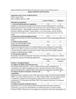 Species Dataform and Scoresheet for Ligustrum Sinense Lour