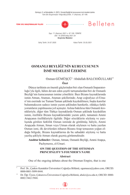 Osmanlı Beyliği'nin Kurucusunun Ismi Meselesi Üzerine