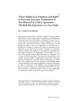 Tenure Rights of an Employee and Rights to Severance Pay Upon Termination Or Non-Renewal of a Labor Agreement— the Beth Din Experience As a Case Study