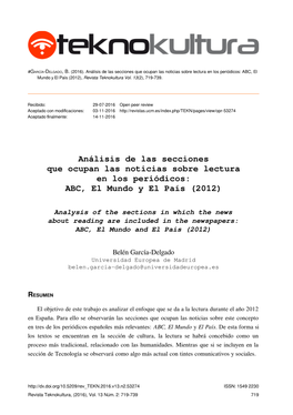 Análisis De Las Secciones Que Ocupan Las Noticias Sobre Lectura En Los Periódicos: ABC, El Mundo Y El País (2012), Revista Teknokultura Vol