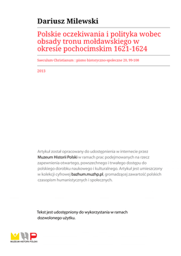 Dariusz Milewski Polskie Oczekiwania I Polityka Wobec Obsady Tronu Mołdawskiego W Okresie Pochocimskim 1621-1624