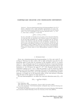 EARTHQUAKE MEASURE and CROSS-RATIO DISTORTION Stony Brook IMS Preprint #2001/8 September 2001 1. Introduction Given Any Orientat