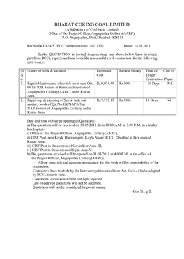 BHARAT COKING COAL LIMITED (A Subsidiary of Coal India Limited) Office of the Project Officer,Angarpathra Colliery(AARC), P.O