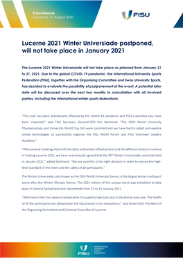 Lucerne 2021 Winter Universiade Postponed, Will Not Take Place in January 2021