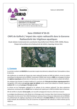 Note CRIIRAD N°20-35 CNPE De Golfech / Impact Des Rejets