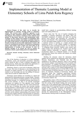 Implementation of Thematic Learning Model at Elementary Schools of Lima Puluh Kota Regency