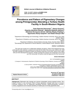 Prevalence and Pattern of Pigmentary Changes Among Primigravidae Attending a Tertiary Health Facility in South-Western Nigeria