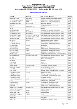 Aircraft Checklist Royal Netherlands Air Force Open Days 2008 Open Dagen Koninklijke Luchtmacht 2008 Leeuwarden AB (LWR / EHLW) · Netherlands · 20 - 21 June 2008