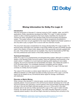 Mixing Information for Dolby Pro Logic II