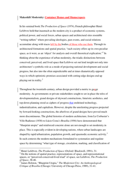 Makeshift Modernity: Container Homes and Slumscrapers in His Seminal Book the Production of Space (1974), French Philosopher