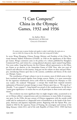 Â•Œi Can Compete!Â•Š China in the Olympic Games, 1932 and 1936