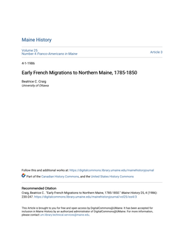 Early French Migrations to Northern Maine, 1785-1850