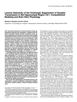 Laminar Selectivity of the Cholinergic Suppression of Synaptic Transmission in Rat Hippocampal Region CA 1: Computational Modeling and Brain Slice Physiology