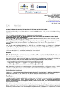 Information Rights Bedfordshire Police Headquarters, Woburn Road, Kempston, Bedford, MK43 9AX Telephone: 01234 842547 Email: Fo