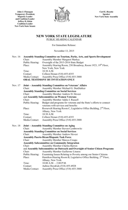 New York State Legislature Public Hearing Calendar