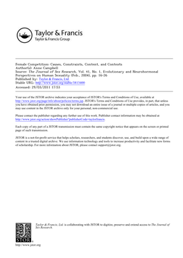 Female Competition: Causes, Constraints, Content, and Contexts Author(S): Anne Campbell Source: the Journal of Sex Research, Vol