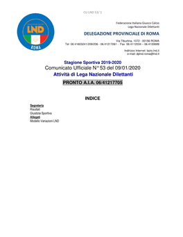 Comunicato Ufficiale N° 53 Del 09/01/2020 Attività Di Lega Nazionale Dilettanti PRONTO A.I.A