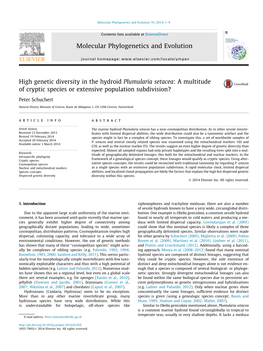 High Genetic Diversity in the Hydroid Plumularia Setacea: a Multitude of Cryptic Species Or Extensive Population Subdivision?