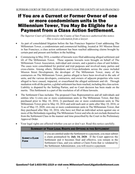 If You Are a Current Or Former Owner of One Or More Condominium Units in the Millennium Tower, You May Be Eligible for a Payment from a Class Action Settlement