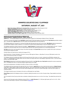 Winnipeg Goldeyes Daily Clippings Saturday, August 14 , 2021