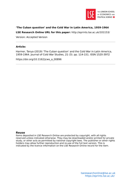 'The Cuban Question' and the Cold War in Latin America, 1959-1964