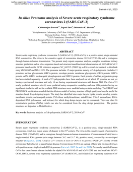 In Silico Proteome Analysis of Severe Acute Respiratory Syndrome Coronavirus 2 (SARS-Cov-2)