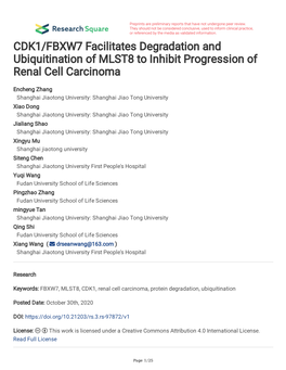 CDK1/FBXW7 Facilitates Degradation and Ubiquitination of MLST8 to Inhibit Progression of Renal Cell Carcinoma