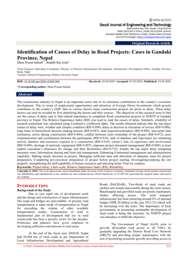 Identification of Causes of Delay in Road Projects: Cases in Gandaki Province, Nepal Dhan Prasad Subedi1*, Buddhi Raj Joshi2