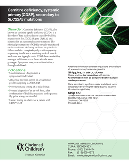 Carnitine Deficiency, Systemic Primary (CDSP), Secondary to SLC22A5 Mutations