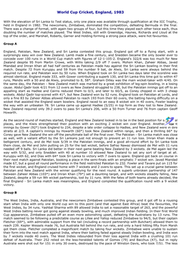 World Cup Cricket, England, 1983