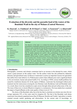 Evaluation of the Diversity and the Parasitic Load of the Waters of the Bouishak Wadi in the City of Meknes (Central Morocco)