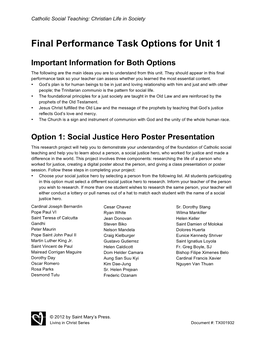 Final Performance Task Options for Unit 1