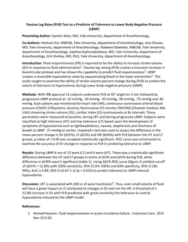 Passive Leg Raise (PLR) Test As a Predictor of Tolerence to Lower Body Negative Pressure (LBNP) Presenting Author: Aymen Alian