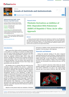 Thiolutin Derivatives As Inhibitor of RNA-Dependent RNA Polymerase (Rdrp) of Hepatitis C Virus: an In-Silico Approach
