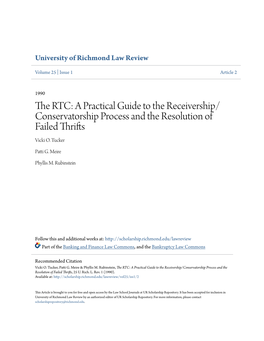 The RTC: a Practical Guide to the Receivership/Conservatorship Process and the Resolution of Failed Thrifts, 25 U