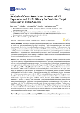 Analysis of Cross-Association Between Mrna Expression and Rnai Eﬃcacy for Predictive Target Discovery in Colon Cancers