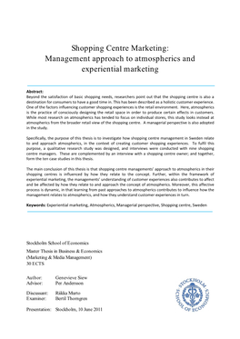 Shopping Centre Marketing: Management Approach to Atmospherics and Experiential Marketing