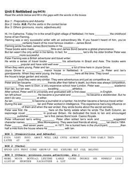 Unit 6 Nettlebed (Pg.64CB) Read the Article Below and Fill in the Gaps with the Words in the Boxes