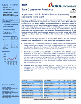 Tata Consumer Products ADD ICICI Securities Limited Maintain Is the Author and Appointment of P