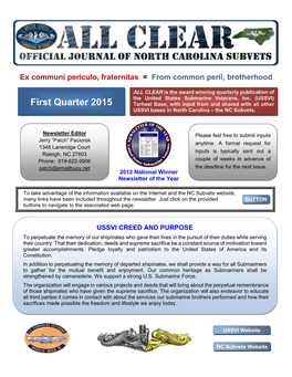 First Quarter 2015 Tarheel Base, with Input from and Shared with All Other USSVI Bases in North Carolina – the NC Subvets